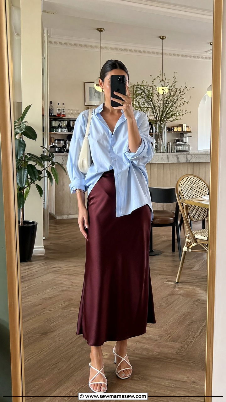 Burgundy Slip Skirt With Light Blue Poplin Shirt - 35 spring burgundy outfit ideas