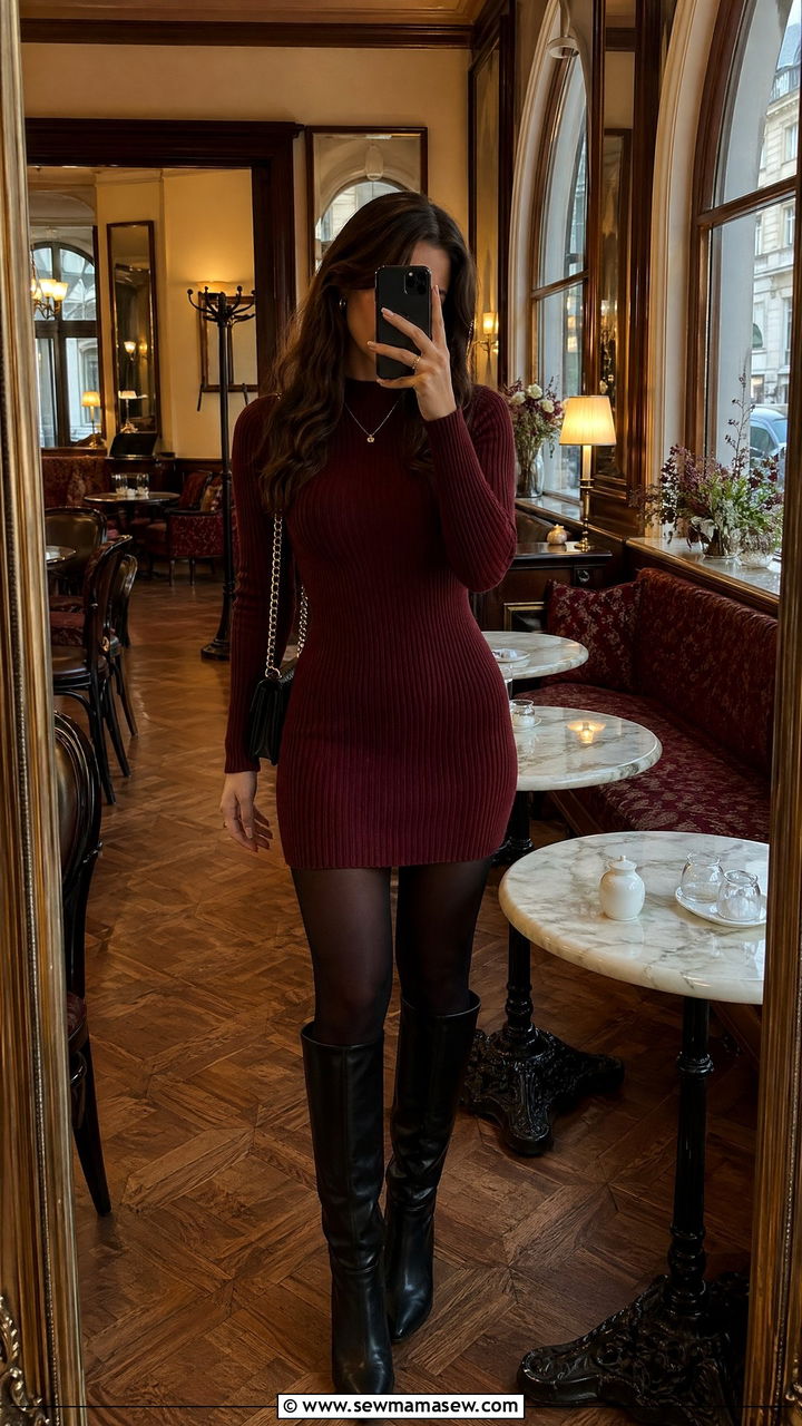 Burgundy Sweater Dress With Opaque Tights And Knee High Boots - 35 Vienna outfit ideas