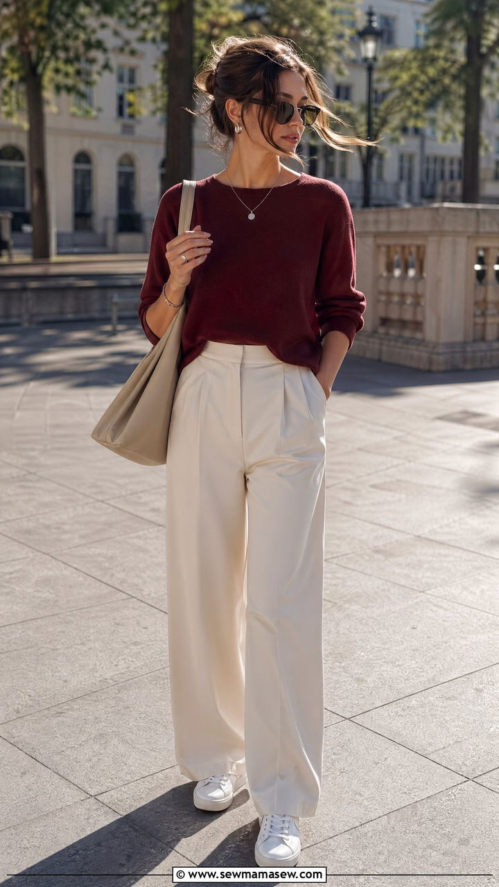 Burgundy Sweater With Cream Trousers And Sneakers - 35 Windy summer outfits