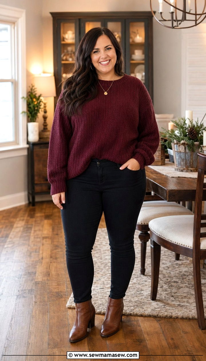 Burgundy Sweater with Black Jeans - 35 Plus size mom outfit ideas