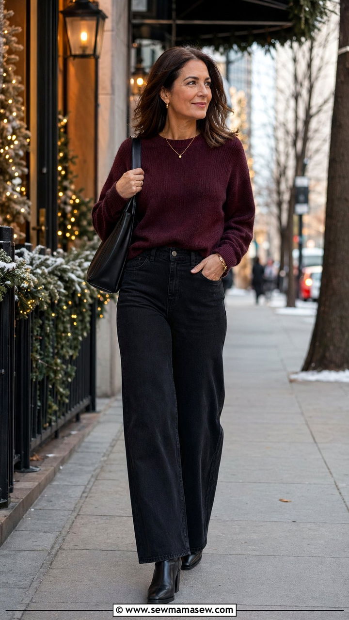 Burgundy Sweater with Black Wide Leg Jeans - 30 Wide leg jeans outfit ideas for women over 40