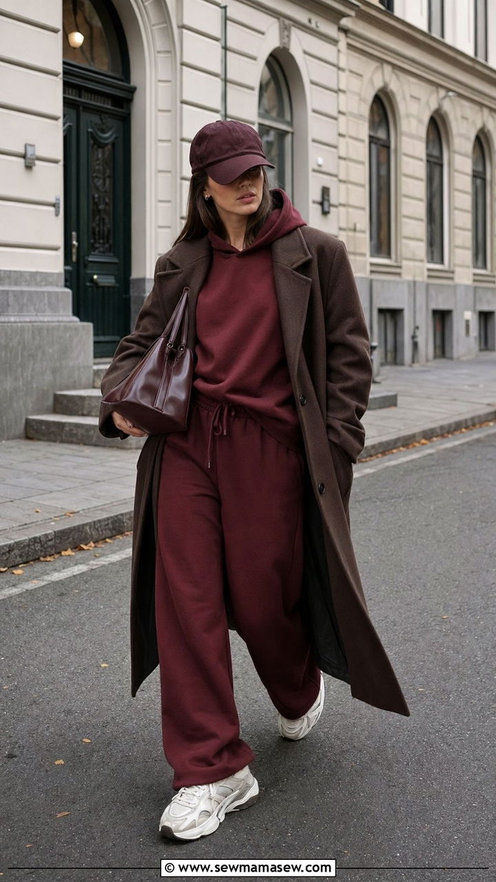 Burgundy Sweatsuit with Brown Coat Outfit - 35 Scandinavian outfit ideas