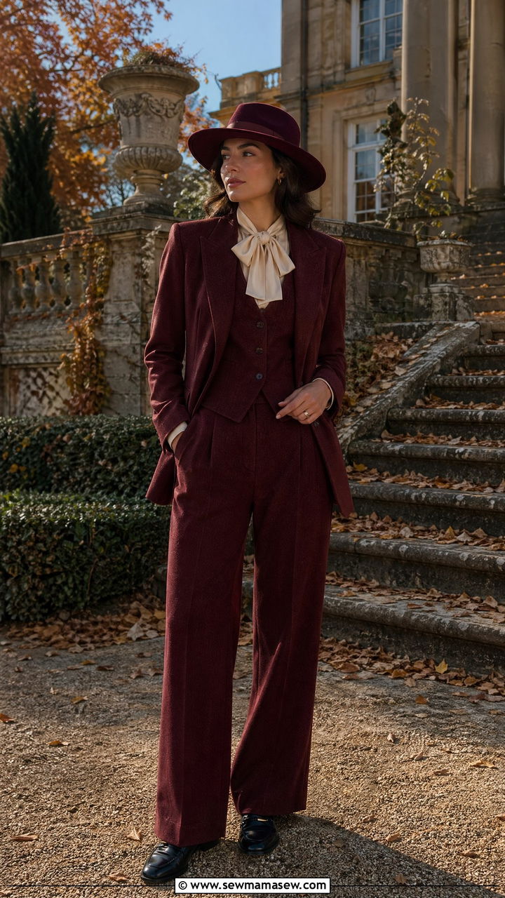 Burgundy Three Piece Suit with Matching Wide Brim Hat - 35 classy old money outfits