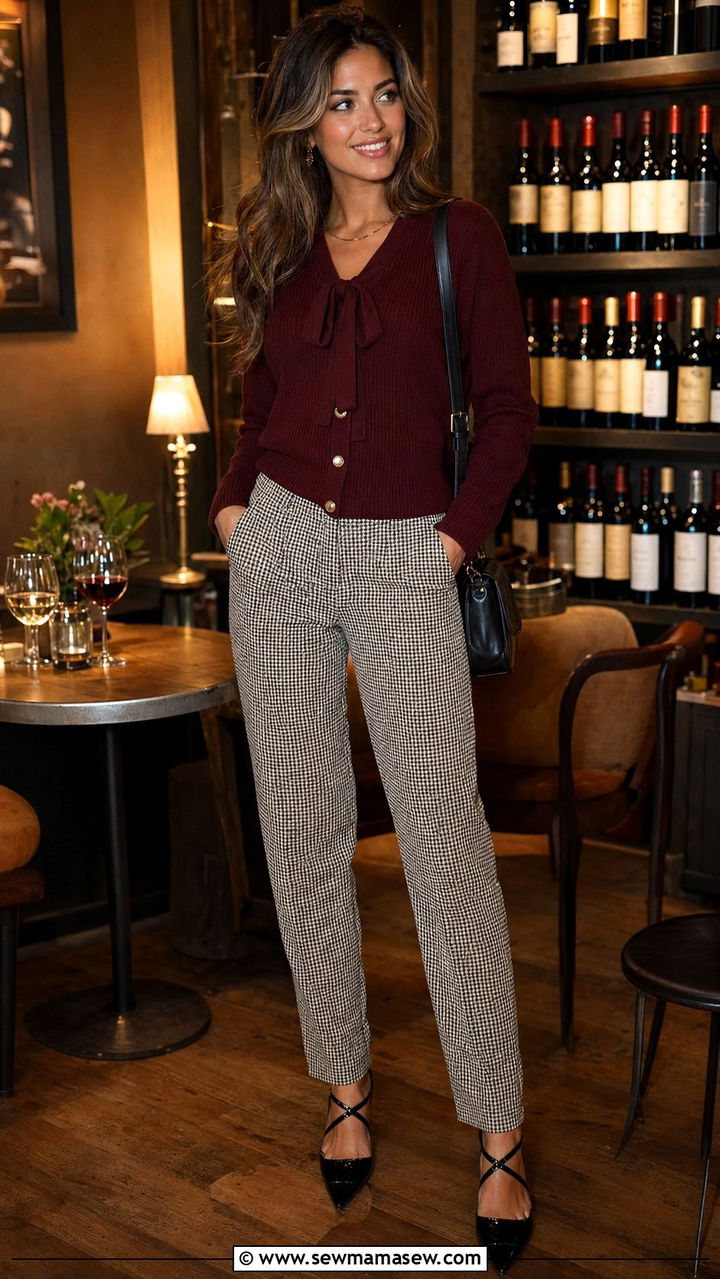 Burgundy Tie Neck Cardigan with Houndstooth Trousers - 35 Paris outfits ideas