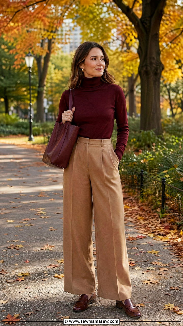 Burgundy Turtleneck With Camel Wide Leg Trousers - 35 Conference outfit ideas