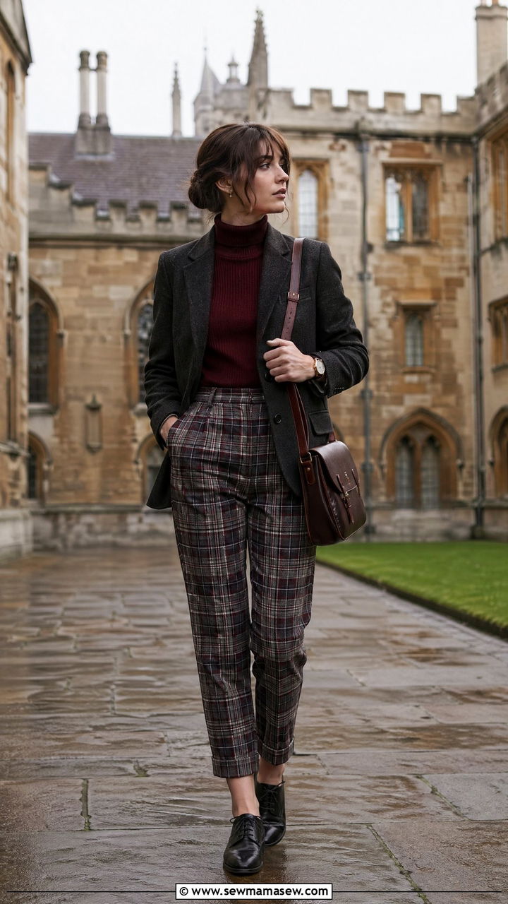 Burgundy Turtleneck and Charcoal Blazer with Plaid Trousers - 35 dark academia outfits
