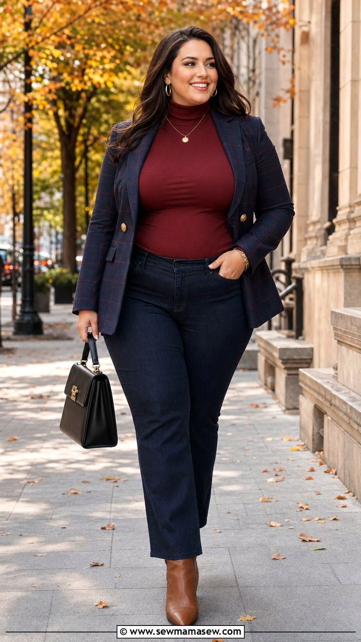 Burgundy Turtleneck with Plaid Blazer and Dark Jeans - 30 Work outfits for curvy women