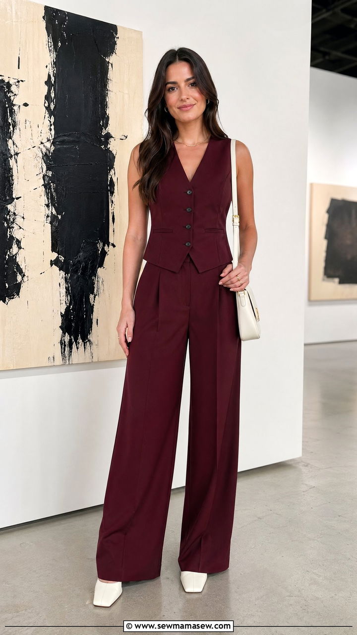 Burgundy Two Piece Co Ord With White Mules - 35 spring burgundy outfit ideas