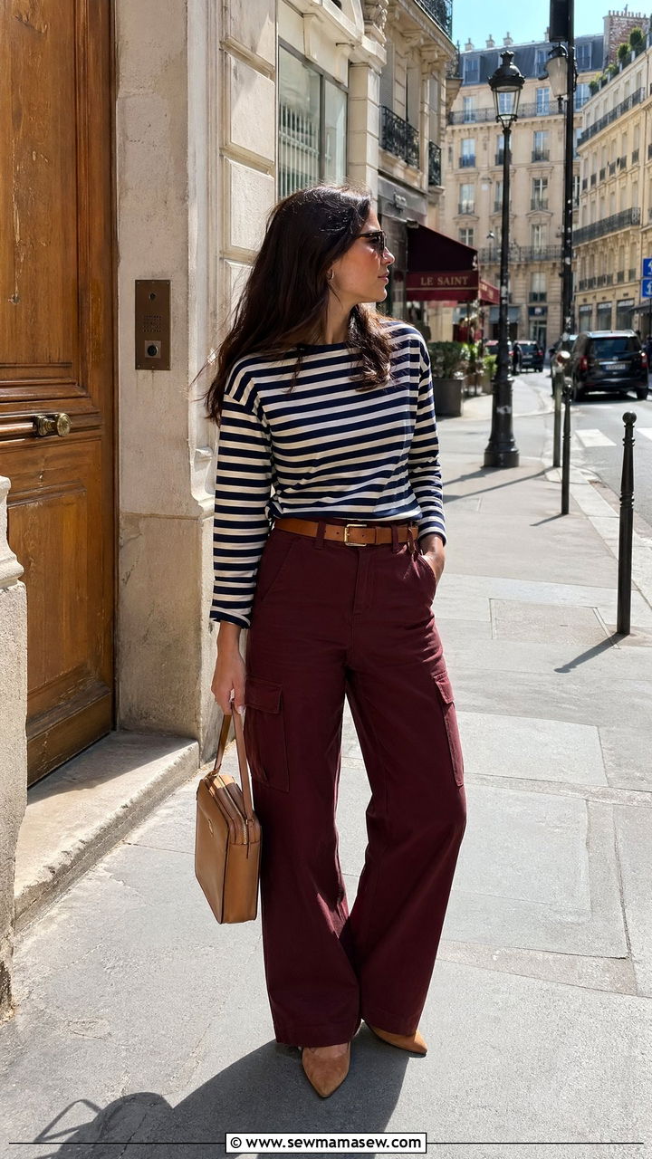 Burgundy Utility Cargo Pants With Striped Navy Top - 35 spring burgundy outfit ideas