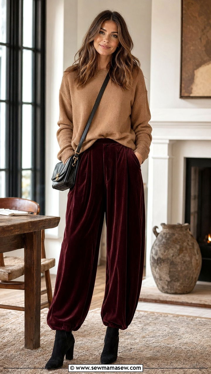 Burgundy Velvet Balloon Pants With Cashmere Sweater - 30 balloon pants outfits