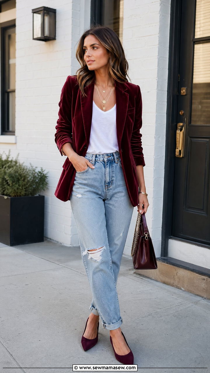 Burgundy Velvet Blazer With Distressed Denim - 35 spring burgundy outfit ideas