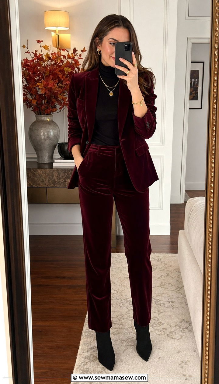Burgundy Velvet Blazer and Pants for Fall - 30 Blazer and pants matching set outfit ideas
