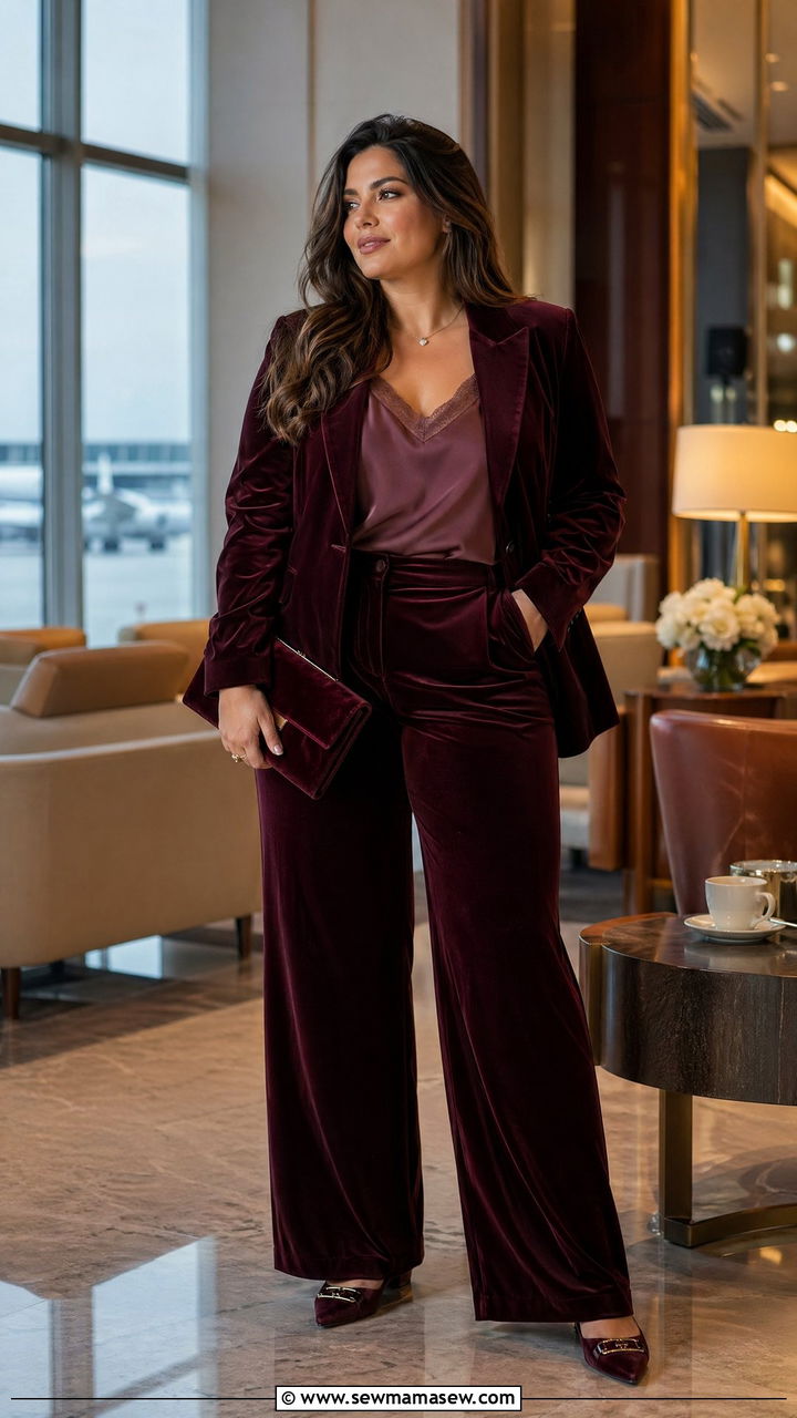 Burgundy Velvet Blazer with Wide Leg Trousers - 35 Travel outfits for curvy women