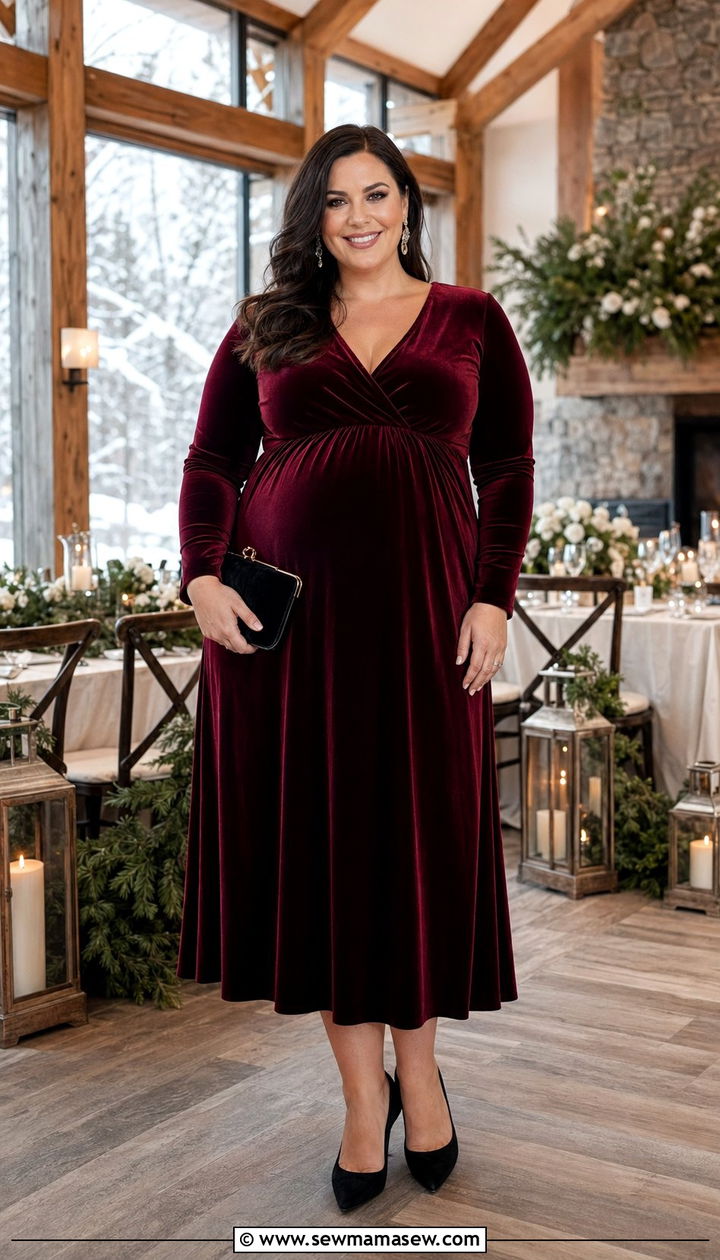 Burgundy Velvet Empire Waist Dress With Black Heels - 30 wedding guest outfits for apple shaped body