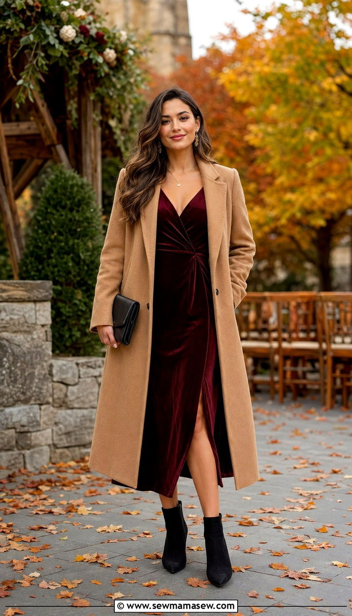 Burgundy Velvet Midi Dress with Ankle Boots - 35 Outdoor wedding guest outfit ideas
