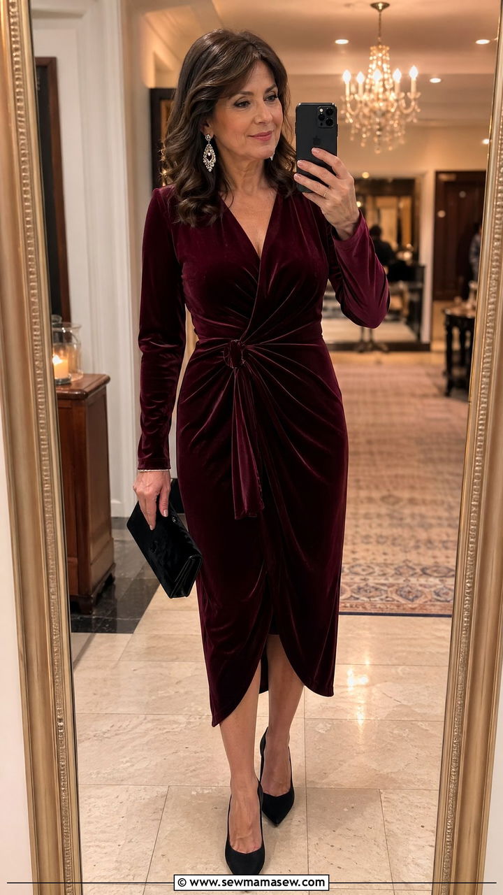 Burgundy Velvet Wrap Dress for Fall Evening Wedding - 35 Wedding guest outfits for women over 40
