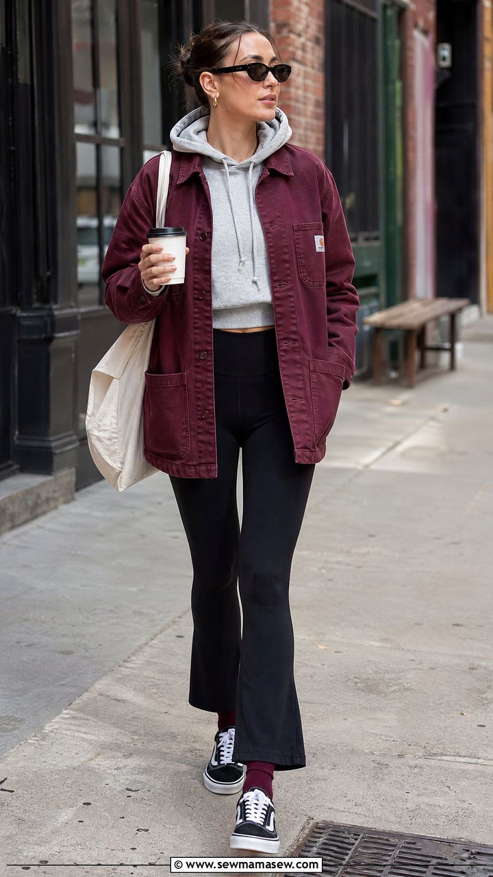 Burgundy Workwear Jacket With Black Flared Leggings - 35 spring burgundy outfit ideas