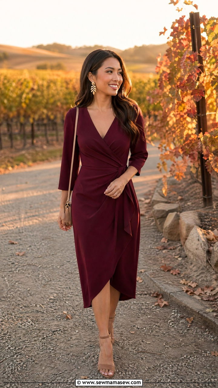 Burgundy Wrap Dress for Petite Fall Wedding Guest - 35 Wedding guest outfits petite women