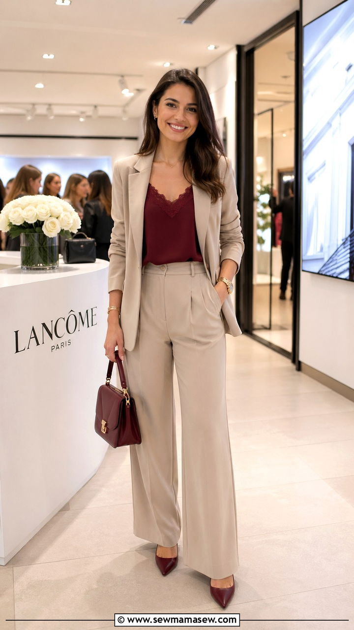 Burgundy and beige color block outfit - 40 All burgundy outfit ideas