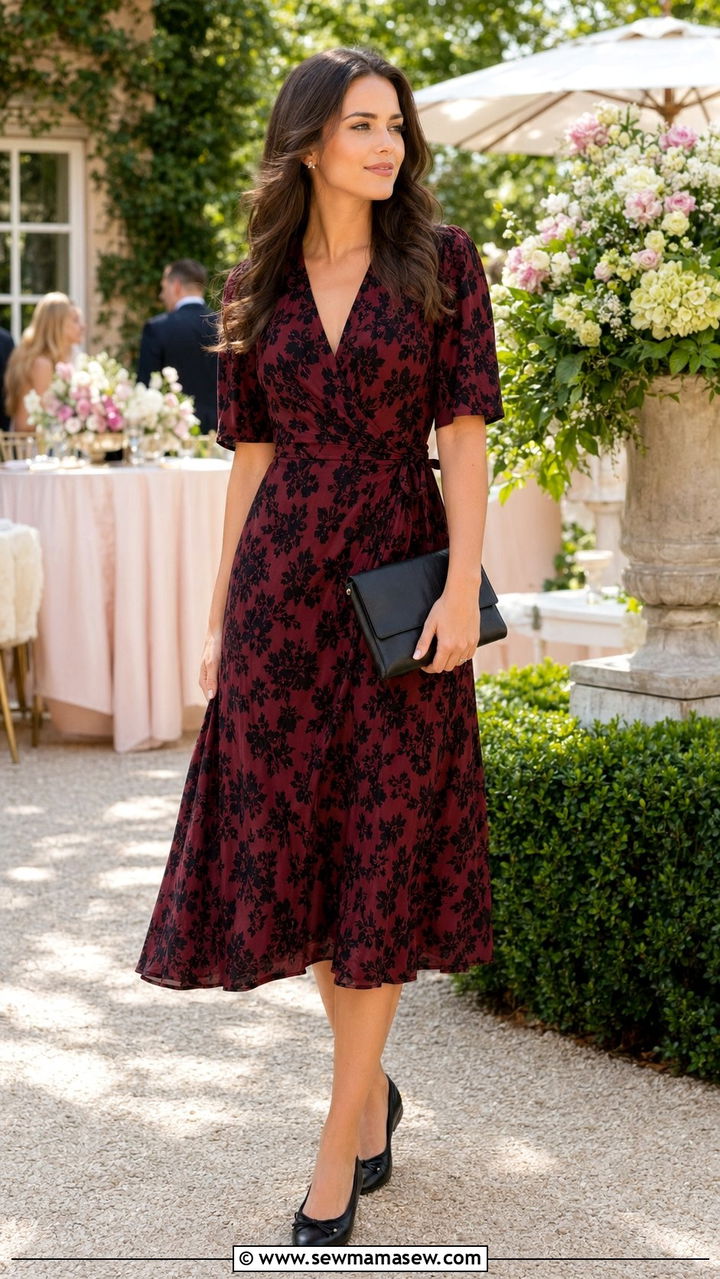 Burgundy and black printed midi dress outfit - 30 Black and burgundy outfit ideas