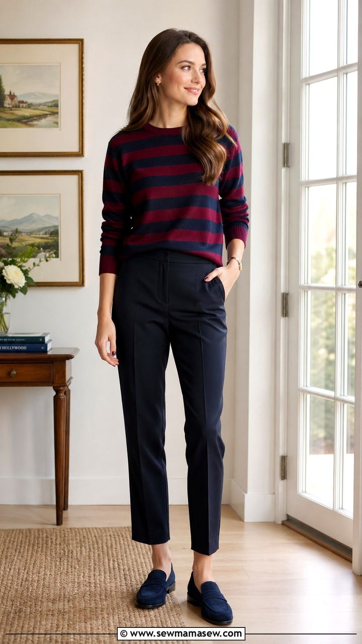 Burgundy and navy striped sweater with navy trousers - 40 All burgundy outfit ideas