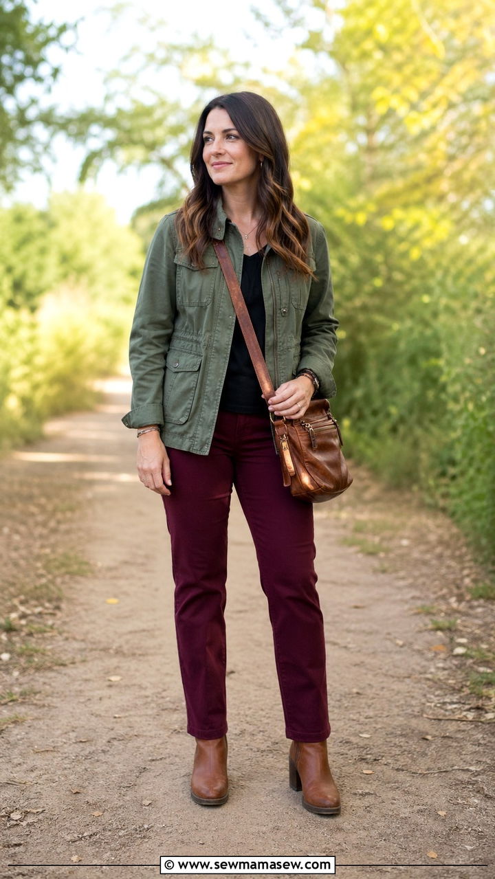 Burgundy and olive green casual look - 40 All burgundy outfit ideas