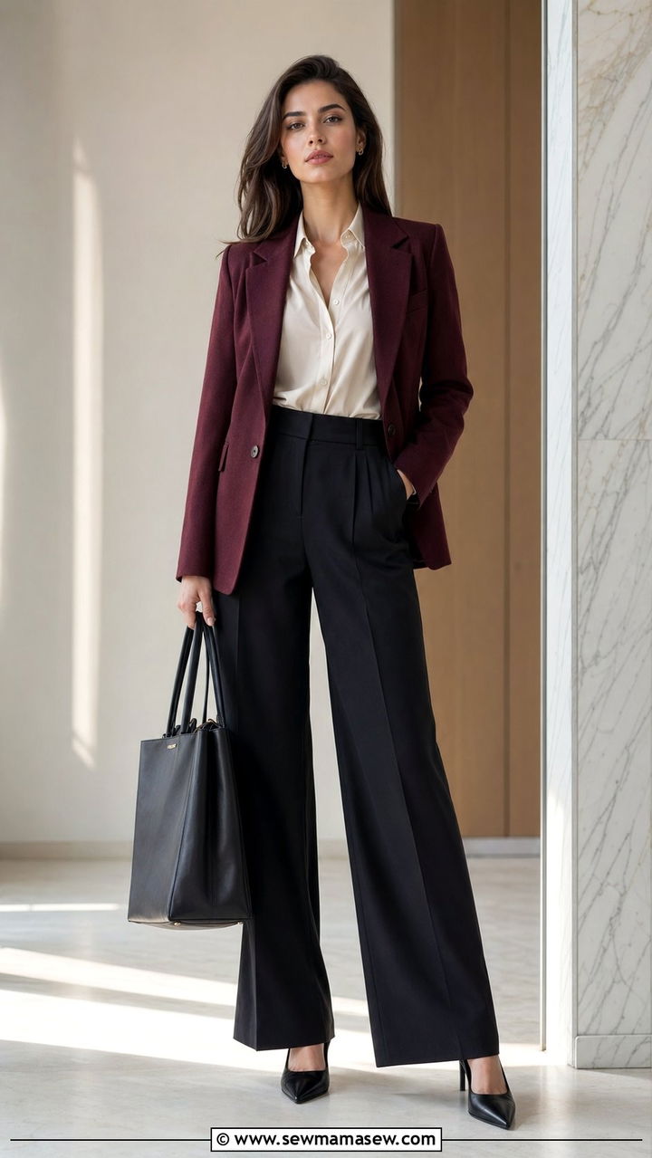 Burgundy blazer with black trousers outfit - 30 Black and burgundy outfit ideas