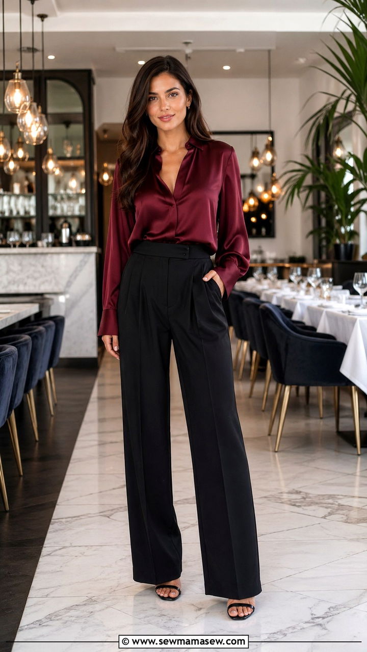 Burgundy blouse with black wide leg pants - 40 All burgundy outfit ideas