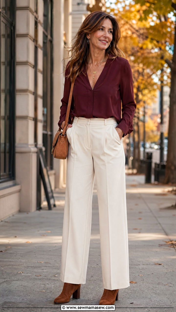 Burgundy blouse with ivory wide leg pants - 35 Casual outfits for women over 40