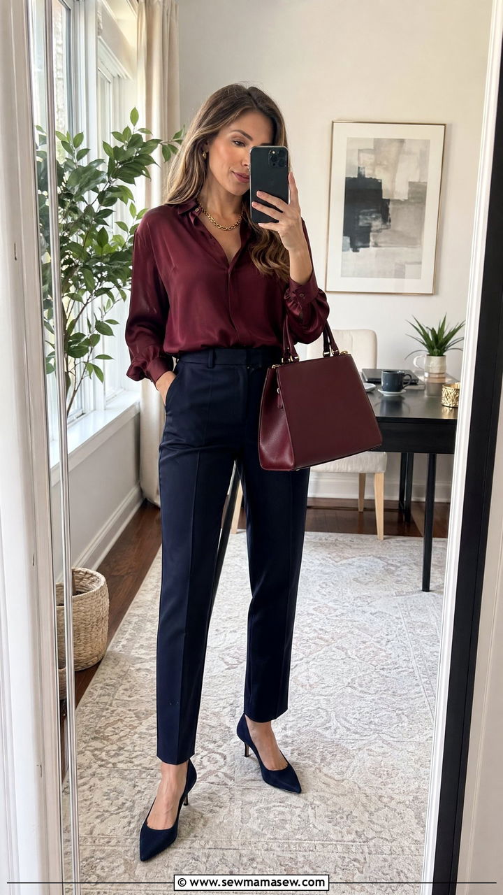 Burgundy blouse with navy tailored trousers and kitten heels - 35 Consultant outfit ideas