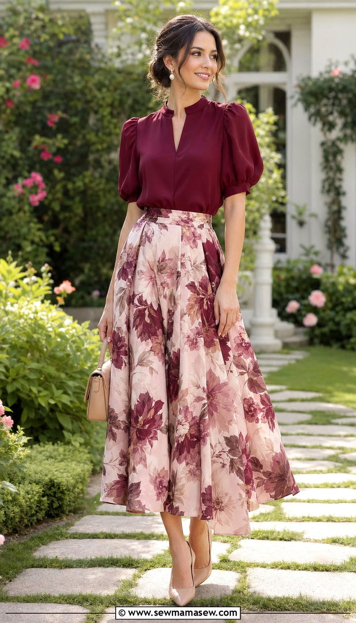 Burgundy blouse with printed midi skirt - 30 Wine outfit ideas