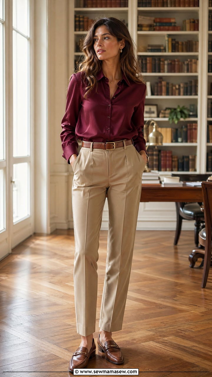 Burgundy button down shirt with khaki trousers outfit - 35 Spring outfits in burgundy