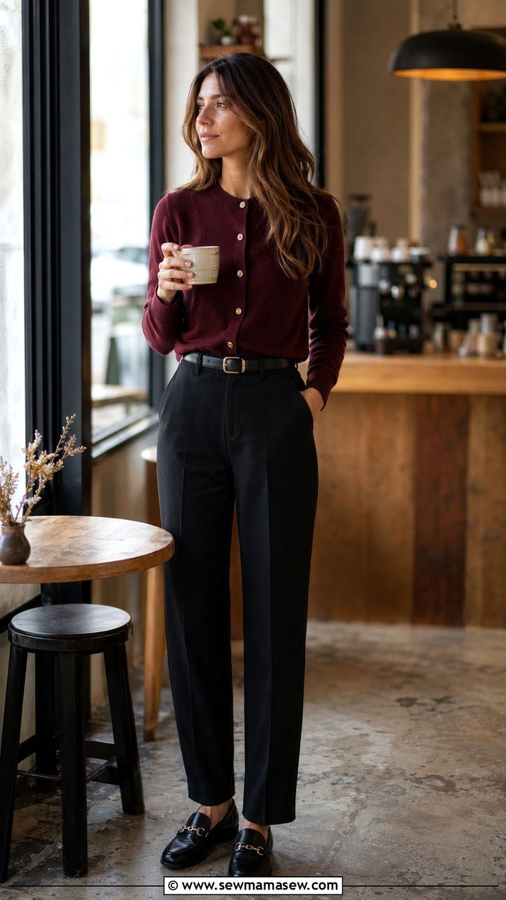 Burgundy cardigan and black trousers outfit - 30 Black and burgundy outfit ideas