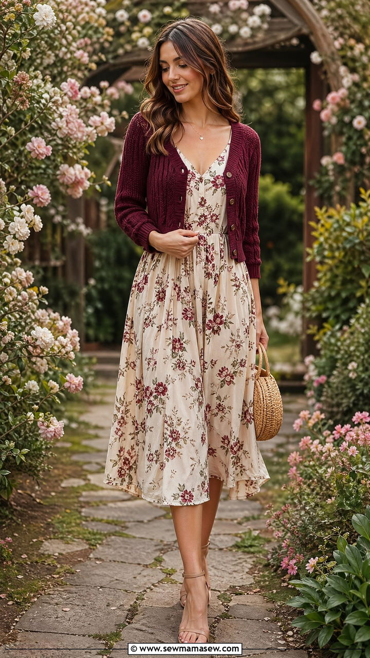 Burgundy cardigan with floral midi dress outfit - 35 Spring outfits in burgundy