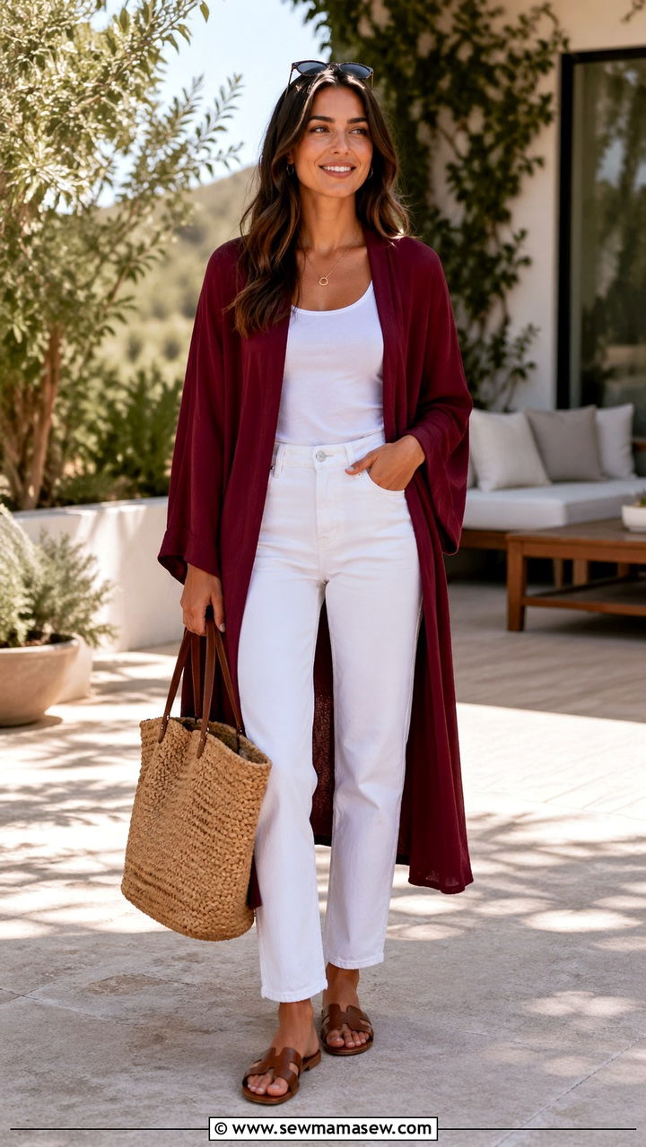 Burgundy cardigan with white jeans - 40 All burgundy outfit ideas