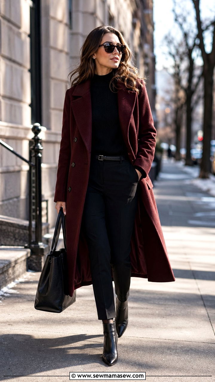 Burgundy coat and black ankle boots outfit - 30 Black and burgundy outfit ideas