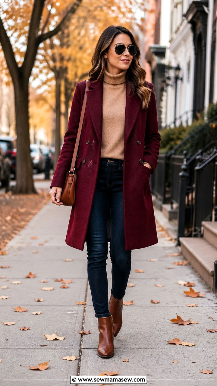 Burgundy coat with a camel sweater and jeans - 40 All burgundy outfit ideas