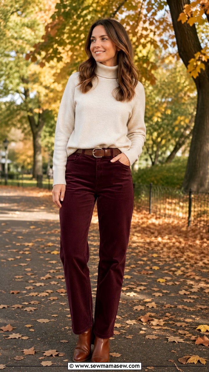 Burgundy corduroy pants with a cream turtleneck - 40 All burgundy outfit ideas