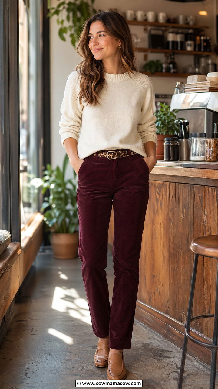 Burgundy corduroy pants with cream sweater outfit - 35 Spring outfits in burgundy