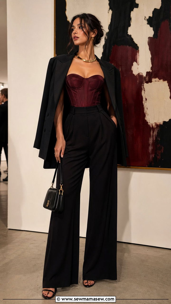Burgundy corset top and black wide leg pants outfit - 30 Black and burgundy outfit ideas