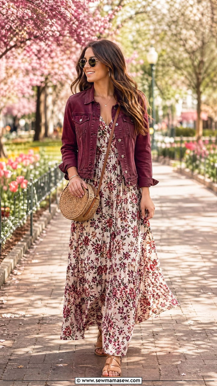 Burgundy denim jacket with floral maxi dress outfit - 35 Spring outfits in burgundy