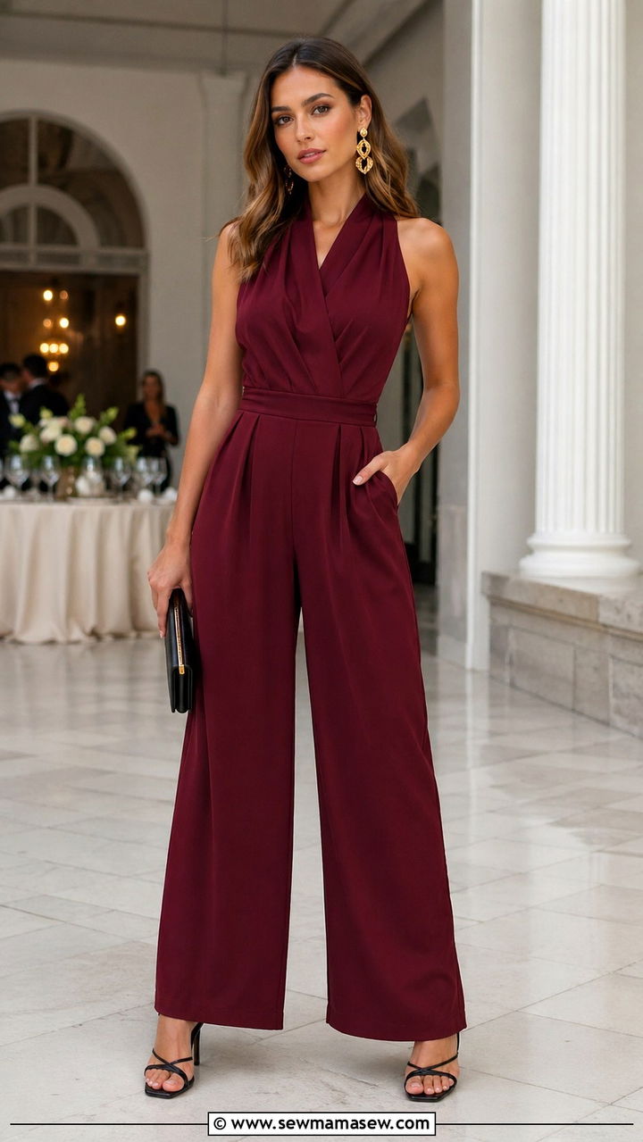 Burgundy jumpsuit with statement accessories - 40 All burgundy outfit ideas