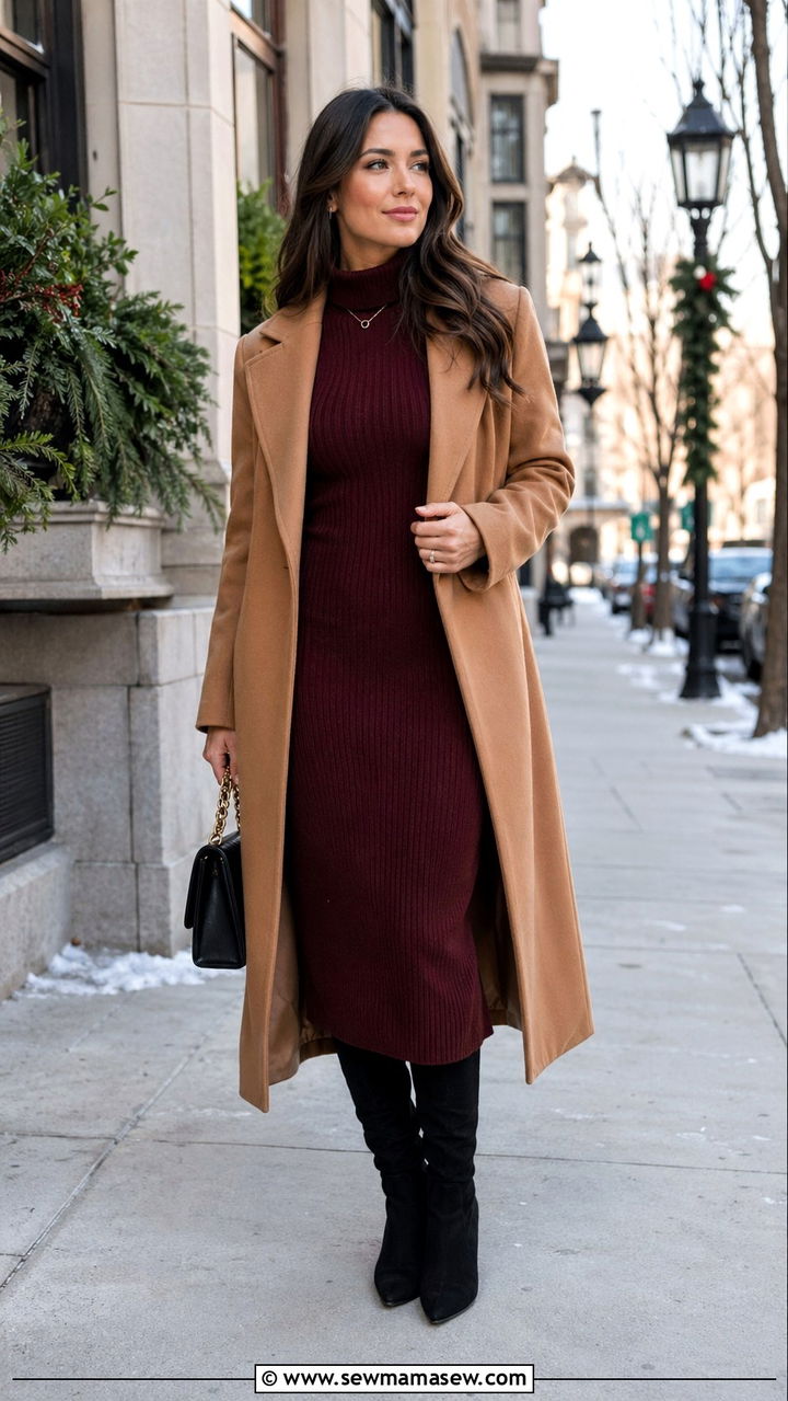 Burgundy knit maxi dress with a long coat - 40 All burgundy outfit ideas