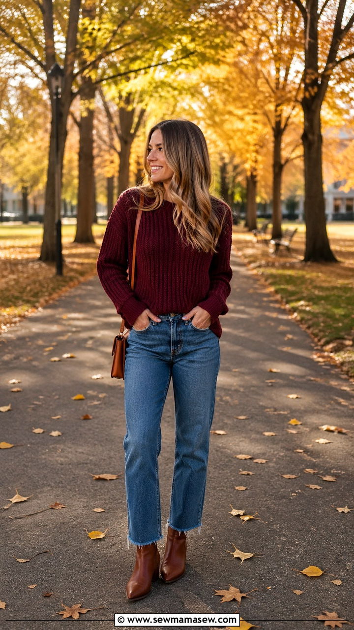 Burgundy knit sweater with blue jeans - 40 All burgundy outfit ideas