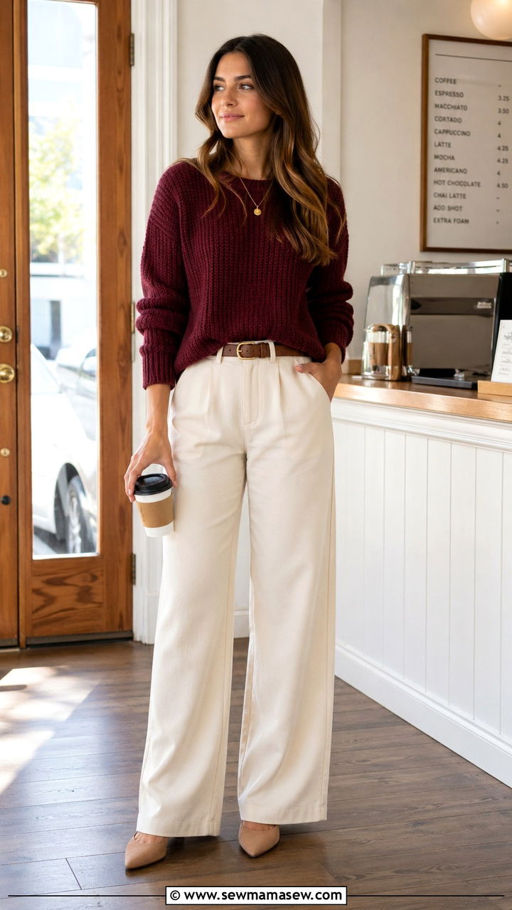 Burgundy knit sweater with cream trousers - 40 All burgundy outfit ideas