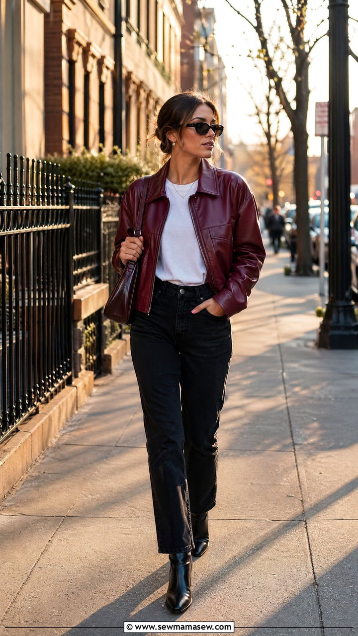 Burgundy leather jacket with black jeans outfit - 35 Spring outfits in burgundy