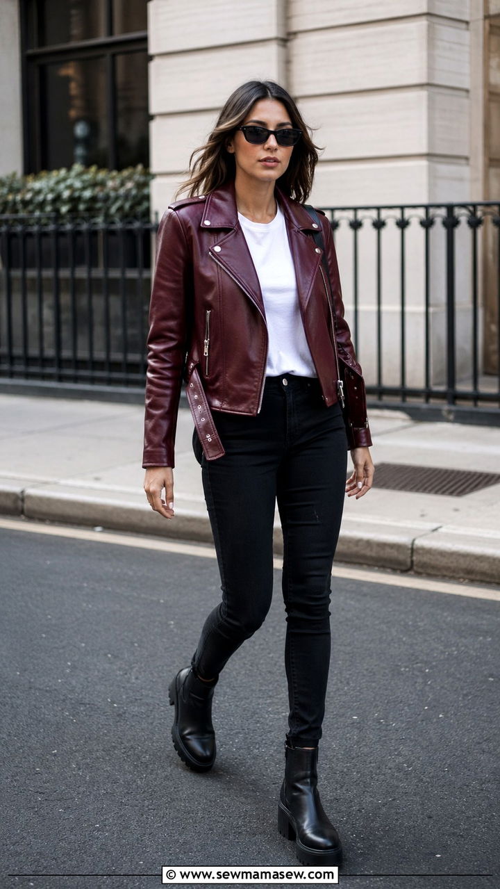 Burgundy leather jacket with black jeans - 40 All burgundy outfit ideas