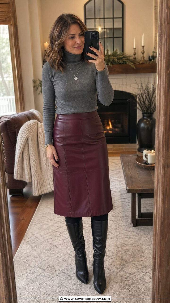 Burgundy leather skirt with a grey turtleneck - 35 Classy outfit ideas for women over 40