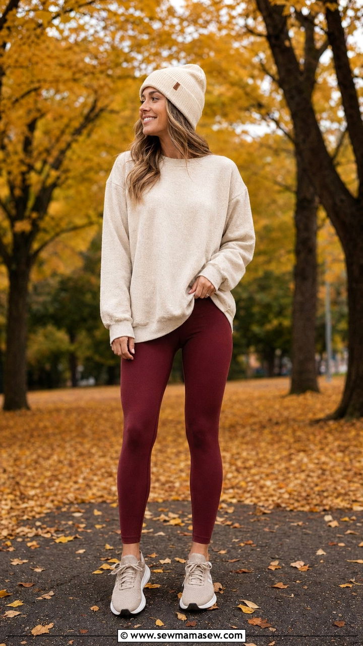 Burgundy leggings and oatmeal sweater - 35 Running outfit ideas 2026