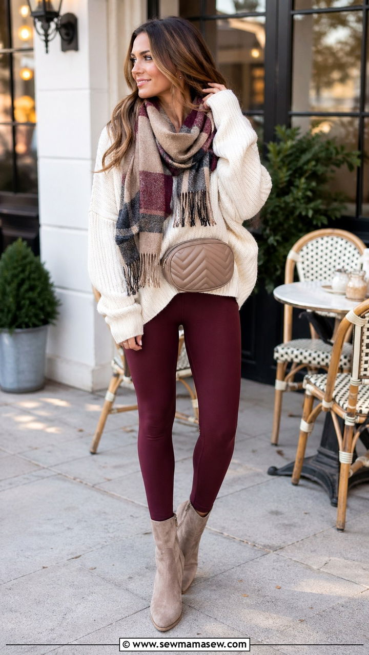 Burgundy leggings with ankle boots and slouchy sweater - 30 spring leggings outfit ideas